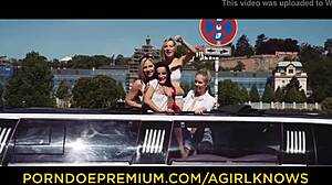 Blonde and brunette maids of honor engage in wild lesbian sex with kissing, dildo, and licking outdoors in a car