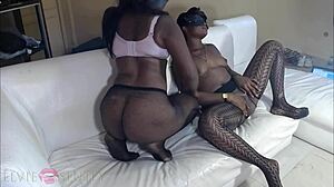 Two slutty ebony friends share one hard cock in homemade 3some.