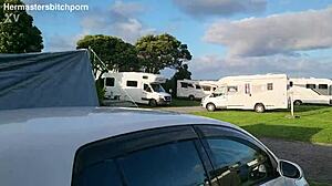 Damn, filthy Kiwi milf pisses on campground ground with campers nearby!