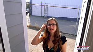 cute brunette kay lee rubs her hairy pussy, gets fingered, then gives deepthroat bj