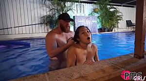 Asian slut takes a deep creampie while swimming in the pool