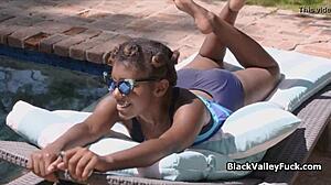 Nubian princess blows big white dick by pool