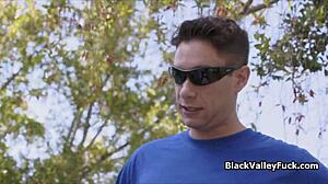 Nubian princess blows big white dick by pool