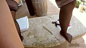 Hey, ever seen a wet pussy squirt outdoors with a dildo?