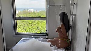 Pretty plump ebony brunette babe in fishnets fucks ass in jacuzzi at sunset cowgirl