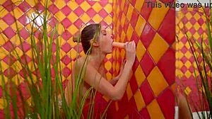 Anal dildo solo masturbation in bathroom with huge toy