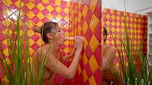 Anal dildo solo masturbation in bathroom with huge toy