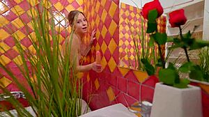 Anal dildo solo masturbation in bathroom with huge toy