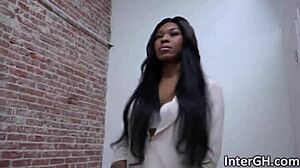 Ebony babe indulges in glory hole solo fun in black lingerie