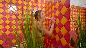 Anal dildo solo masturbation in bathroom with huge toy