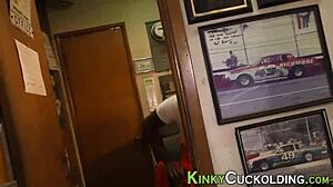 Watch the busty wife suck that big cock while her cuckold husband masturbates! She dominates with handjob and gets a facial.