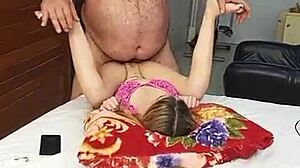 Young girl in lingerie can't resist the muscular old man's hairy armpits and body