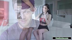 Small tits teen gives footjob to her stepcousin while kissing and masturbating his monster cock