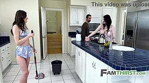 Wife encourages husband's step daughter fixation in the kitchen