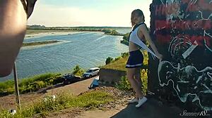 Beautiful blonde teen 18+ model gets naked outdoors showing pussy