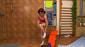 petite teen 18+ seduces grandpa at gym workout