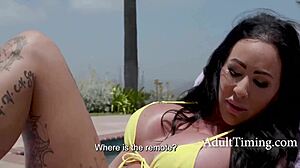 Danae and Mari flash big tits poolside, hidden from view.