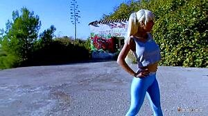 blonde cougar helps guy with balls full of cum in public