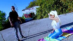 blonde cougar helps guy with balls full of cum in public