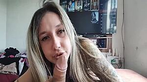 Petite babe sucks cock in the morning, getting a creampie.