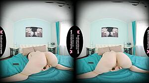 Teen Maya Stone uses glass dildo for VR masturbation.