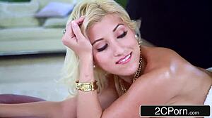 Hot blonde wife oiled up for intense massage session by skilled masseur