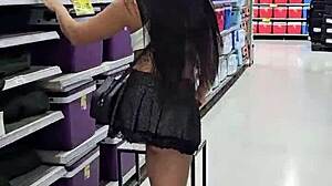Kalena Mitrak flashes in supermarket wearing tiny miniskirt.