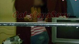 Hot exhibitionist neighbor flirts with voyeur, he enters and makes her pose sexy 😏 part 1