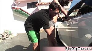 My golddigger stepmom plays weird oral games outdoors