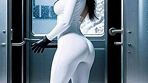 Week-End At Ski Resort With Leather Catsuit Brunette Outdoor Action