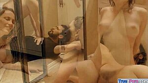 Discover how this brunette gets her pussy railed in the bathroom