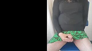 Crossdressing Sissy Plays in Fishnets and Shoots Huge Load