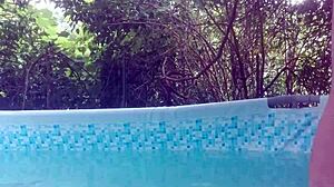 Creampie on giant boobs at summer pool party.