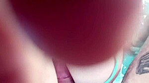 Creampie on giant boobs at summer pool party.