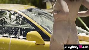 misty stone feels excited with her nude teen gf washing car outdoors. bubbles cover them