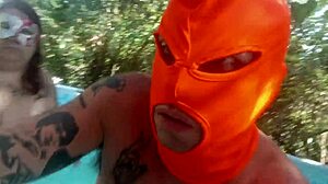 Creampie on giant boobs at summer pool party.