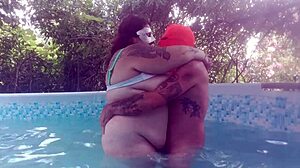 Creampie on giant boobs at summer pool party.