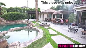 Young blonde stepsister with small tits gives deepthroat blowjob in backyard