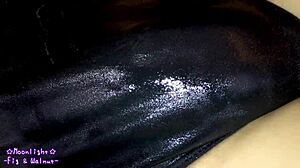 Transsexual in Navy Blue Swimsuit Gets Slippery with Lotion