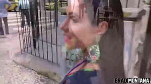 Busty brunette bangs beauty bareback after Rio beach