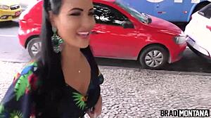 Busty brunette bangs beauty bareback after Rio beach
