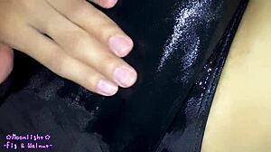 Transsexual in Navy Blue Swimsuit Gets Slippery with Lotion