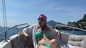 blonde rides topless on boat taxi, flashing big tits surprise for driver