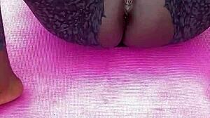 ebony milf spreads shaved pussy during morning workout, housewife amateurs homemade hairless fun