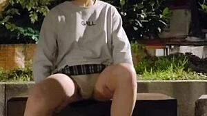 ting xuan shemale peein’ outdoor, strippin’ underwear for park masturbation, oh man!