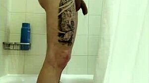 In the bath, pornstar gets groped and gives handjob.