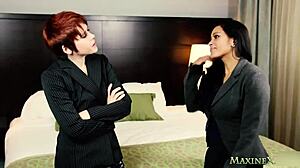 Redhead Lily Cade Interacts with Maxine XS in Lingerie