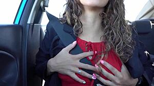 Latina gives jerk-off instructions in taxi, swallowing cum