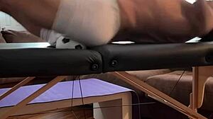 Conversational groin stretch in tight spandex shorts with mini soccer ball on stool, slowed down time lapse, damn!