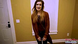 Ginger beauty keaton teases her shaved pussy before getting banged hard by a group